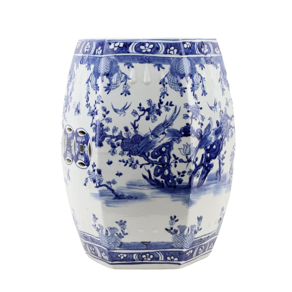 Danny’s Fine Porcelain | Blue & White Floral & Bird Garden Stool – 13” x 18.5” | Hand-Painted Chinoiserie Accent