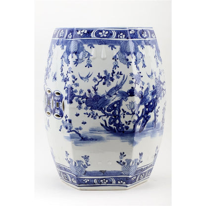 Danny’s Fine Porcelain | Blue & White Floral & Bird Garden Stool – 13” x 18.5” | Hand-Painted Chinoiserie Accent