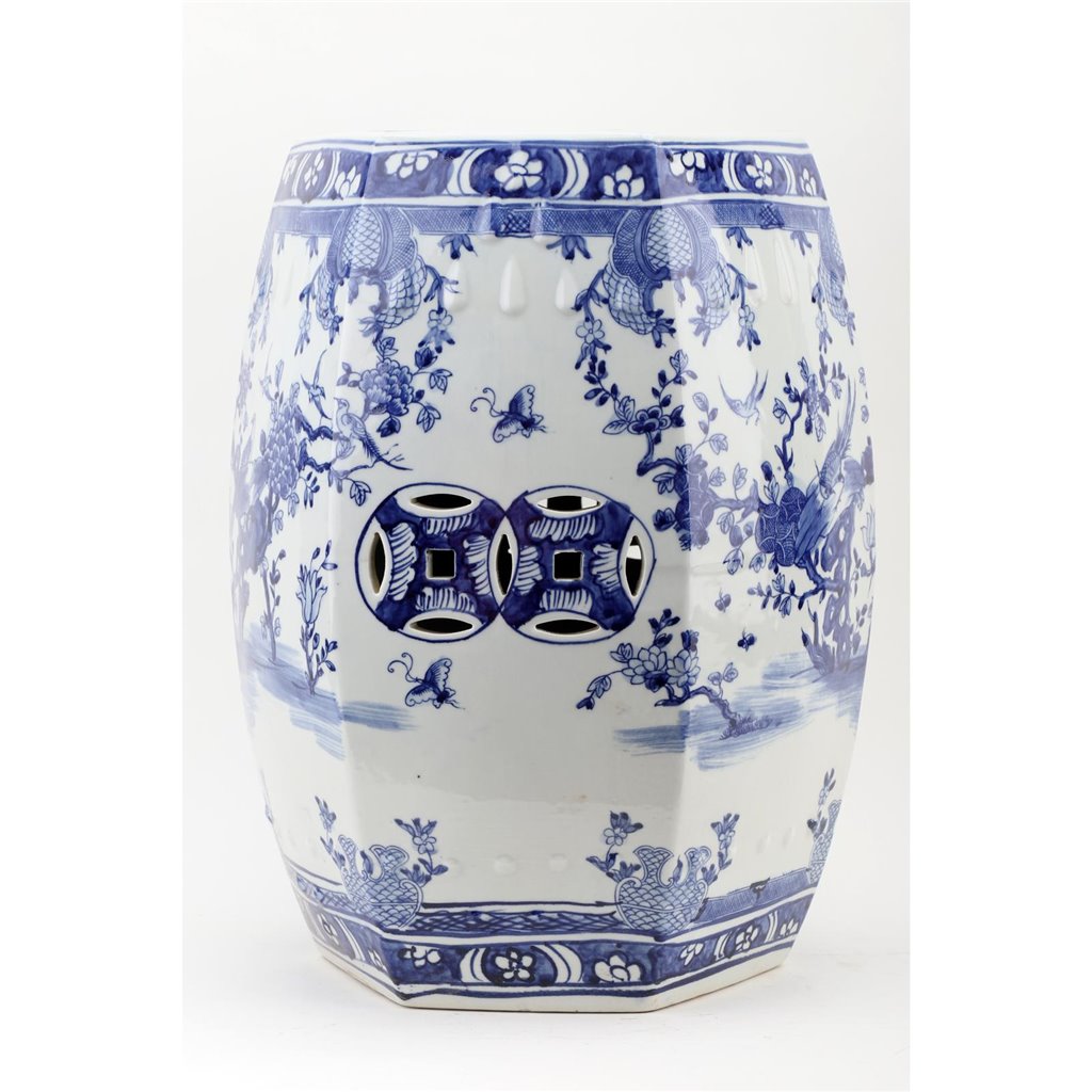 Danny’s Fine Porcelain | Blue & White Floral & Bird Garden Stool – 13” x 18.5” | Hand-Painted Chinoiserie Accent