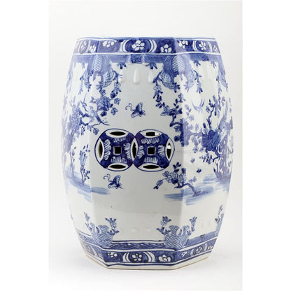 Danny’s Fine Porcelain | Blue & White Floral & Bird Garden Stool – 13” x 18.5” | Hand-Painted Chinoiserie Accent