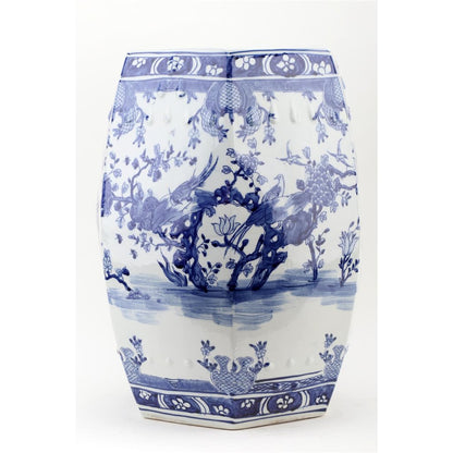 Danny’s Fine Porcelain | Blue & White Floral & Bird Garden Stool – 13” x 18.5” | Hand-Painted Chinoiserie Accent