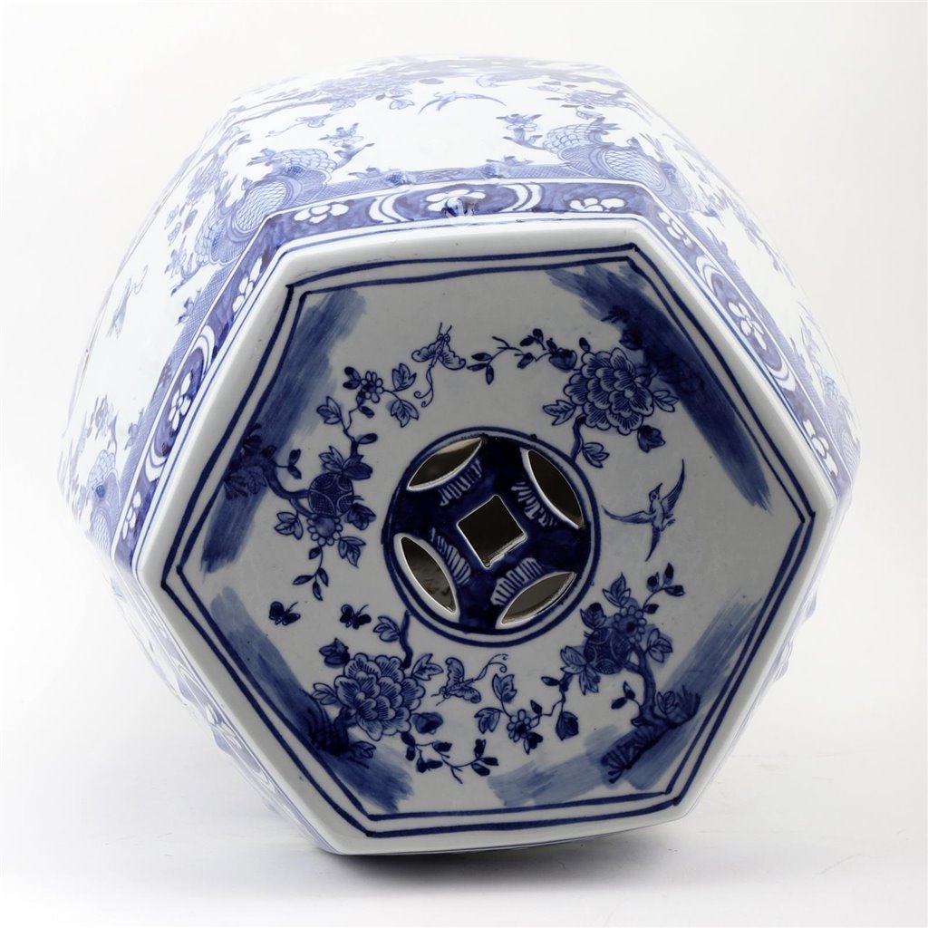 Danny’s Fine Porcelain | Blue & White Floral & Bird Garden Stool – 13” x 18.5” | Hand-Painted Chinoiserie Accent