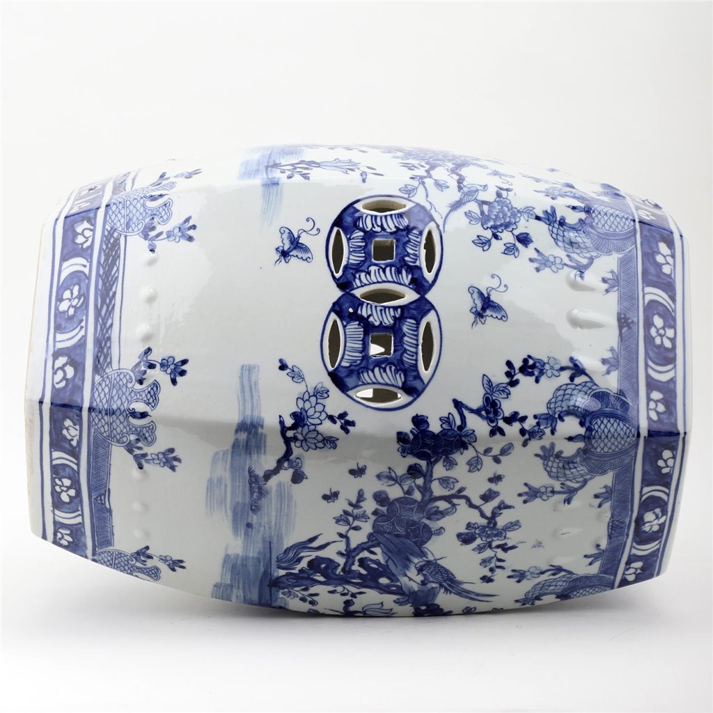 Danny’s Fine Porcelain | Blue & White Floral & Bird Garden Stool – 13” x 18.5” | Hand-Painted Chinoiserie Accent