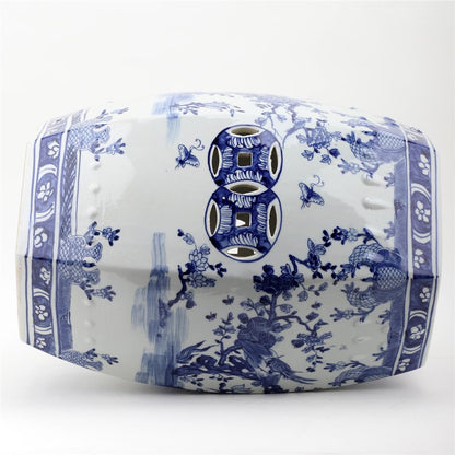 Danny’s Fine Porcelain | Blue & White Floral & Bird Garden Stool – 13” x 18.5” | Hand-Painted Chinoiserie Accent