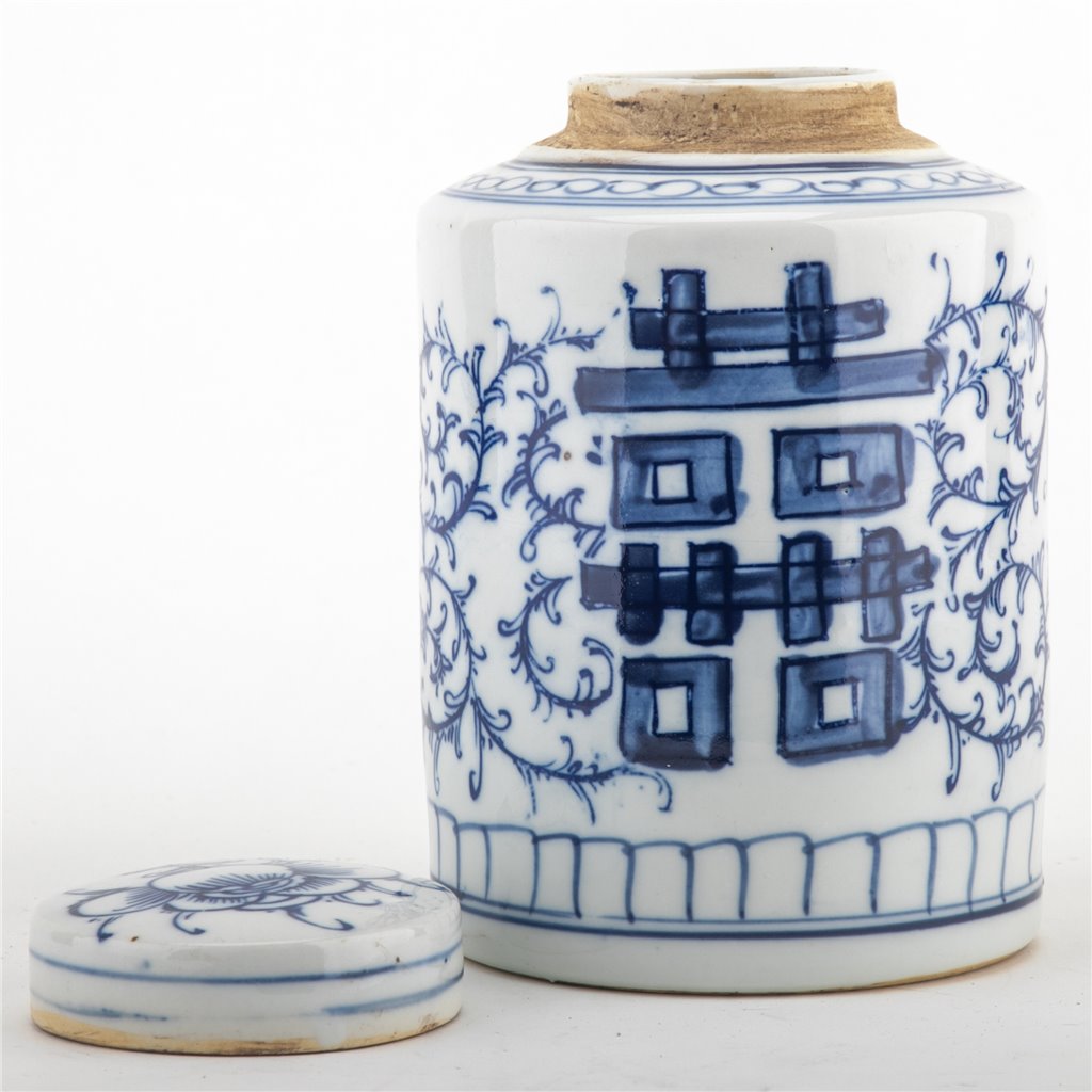 NEW - Blue & White, 7" Tall Double Happiness, Hand Painted Tea Caddy Jar