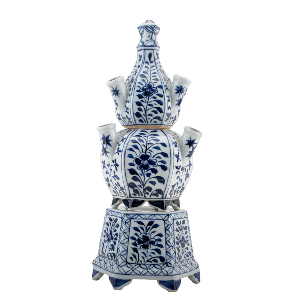 Danny Fine Porcelain: 19" Tall, 8.5Lx8.5W Tulipere Hexagonal Blue and White Single Vase