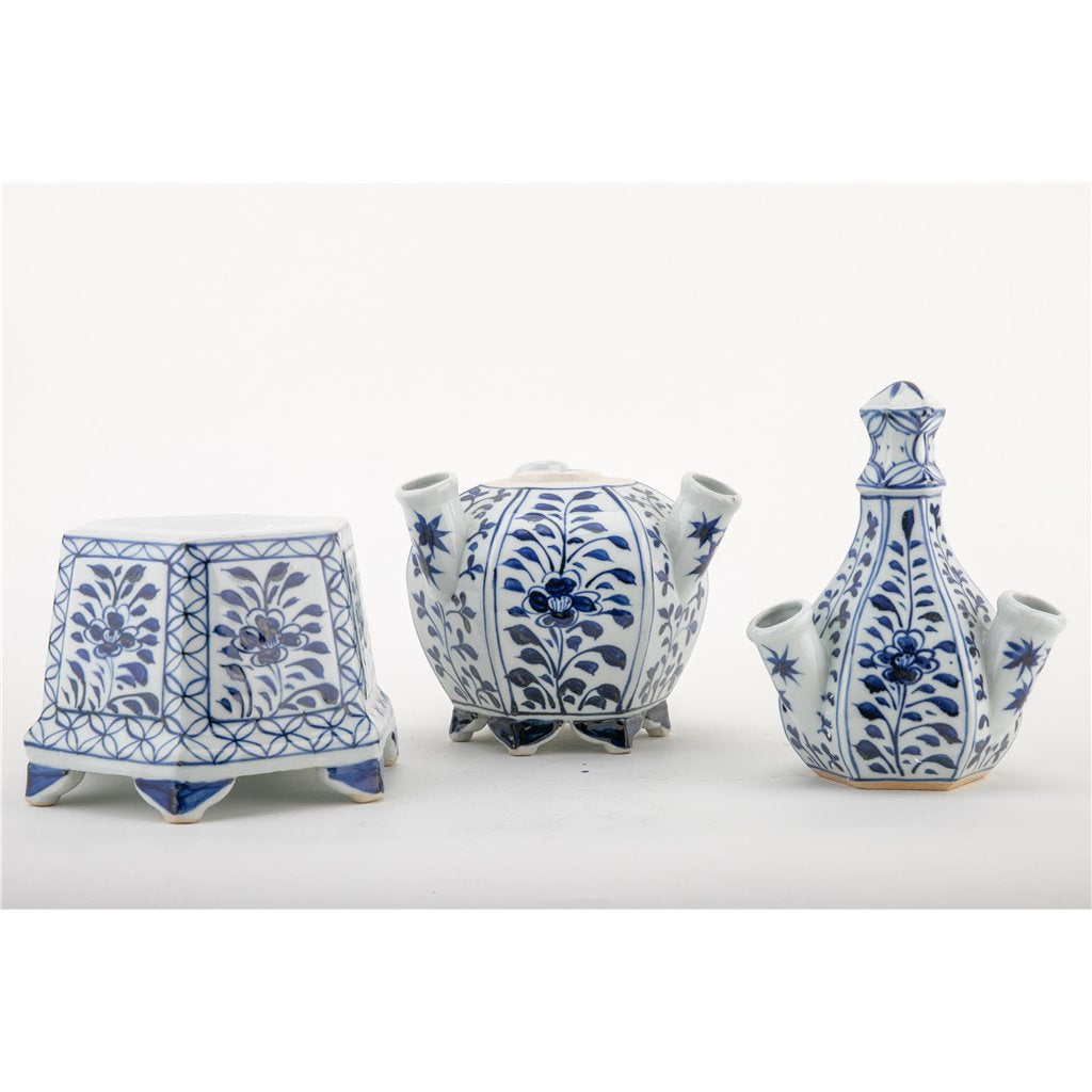 Danny Fine Porcelain: 19" Tall, 8.5Lx8.5W Tulipere Hexagonal Blue and White Single Vase