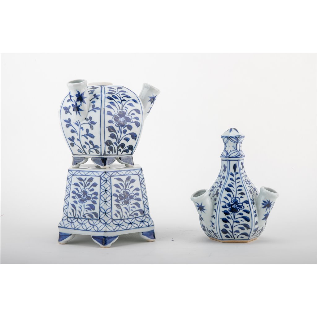 Danny Fine Porcelain: 19" Tall, 8.5Lx8.5W Tulipere Hexagonal Blue and White Single Vase