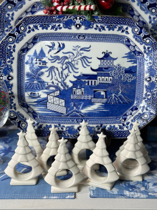 Vintage Set (8) White Ceramic Holiday Tree Napkin Rings - Pristine!