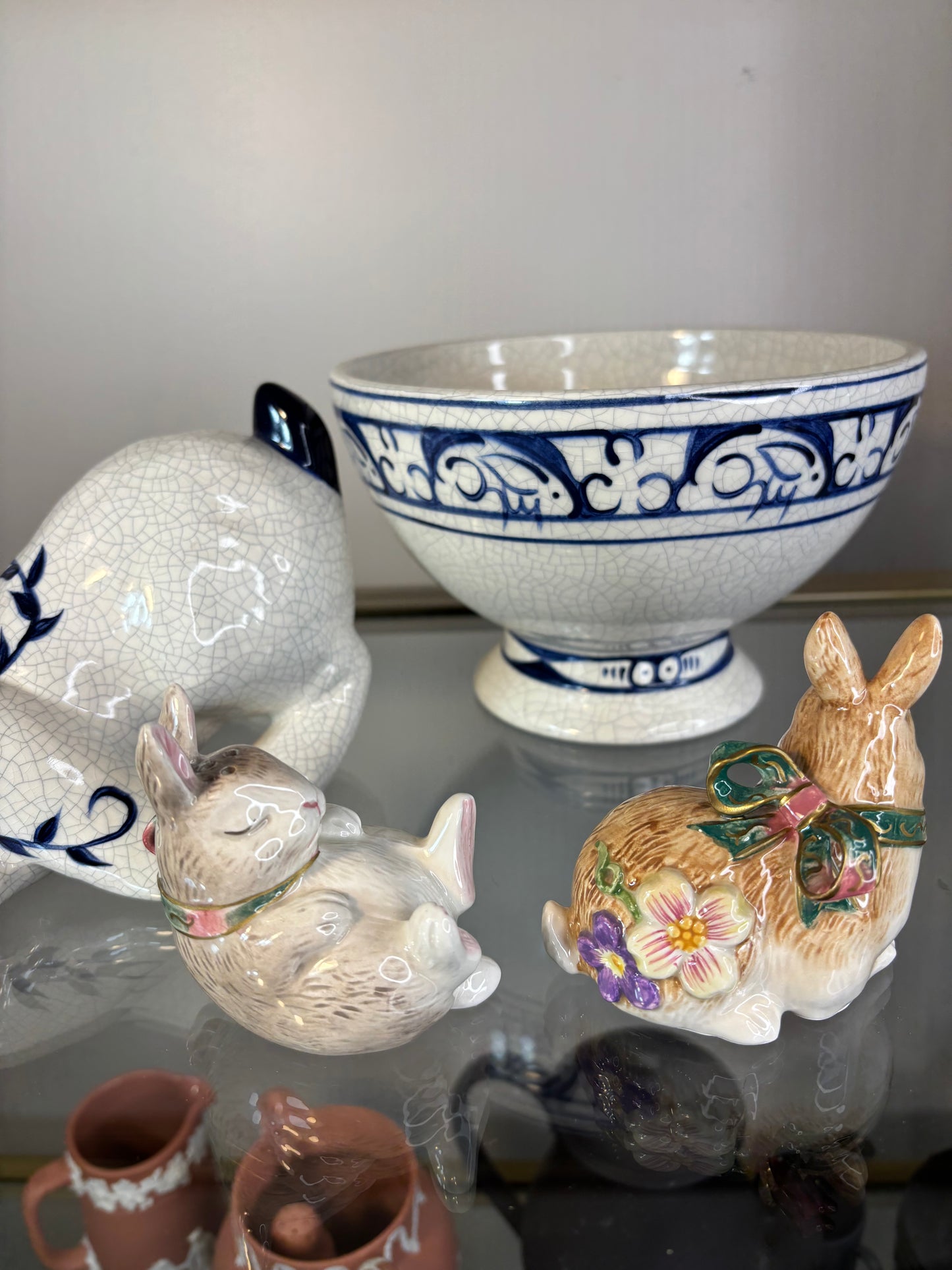 Sweetest Fitz and Floyd bunnies with bows and florals salt and pepper pair!