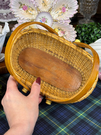 Vintage Nantucket-Style Woven Cane Basket with Double Bentwood Handles | Mid-Century