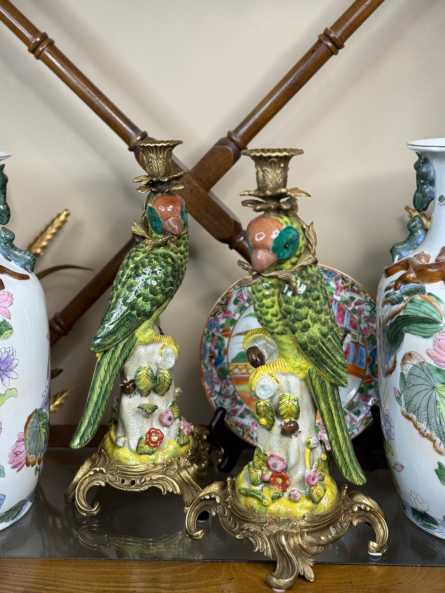 Danny's Fine Porcelain - 14.5” Tall Porcelain Parrot Candlestick Pair with Ormolu Mounts, Chinoiserie Rococo Style