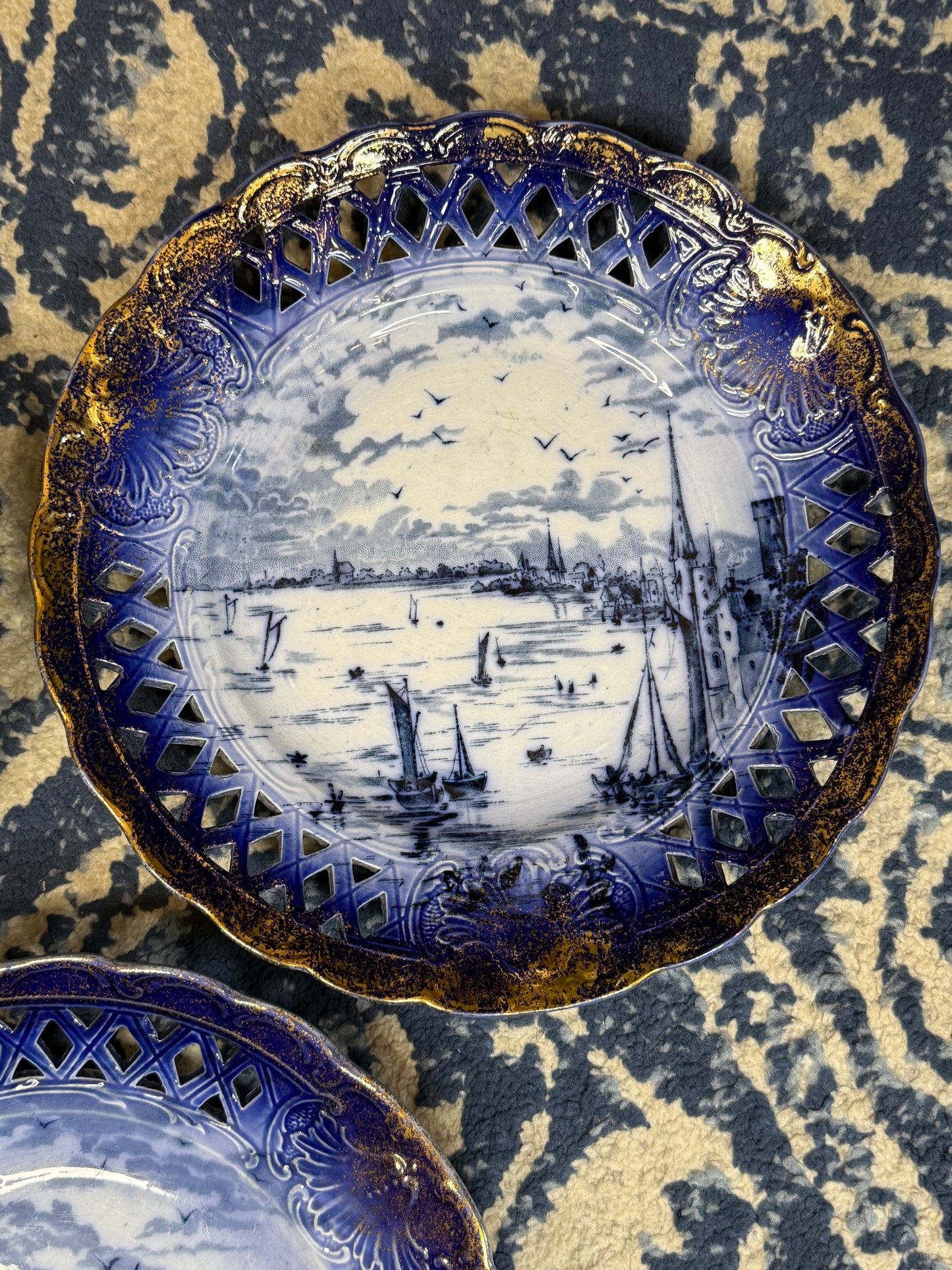 Antique Set of 3 Empire Porcelain Co. Pierced Blue & White City View Plates | Circa 1896–1912 | 9" Diameter #DA4516