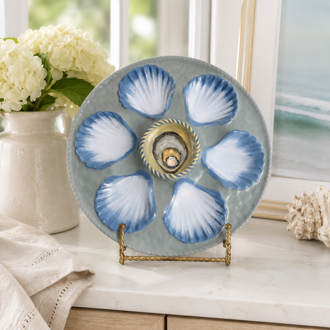 Hand painted blue tones oyster plate 9”
