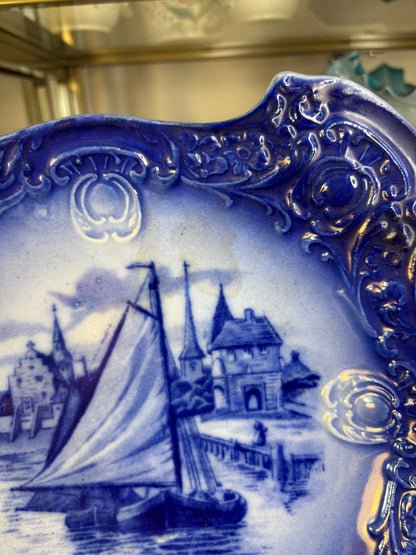 Gorgeous antique flow blue ship platter!