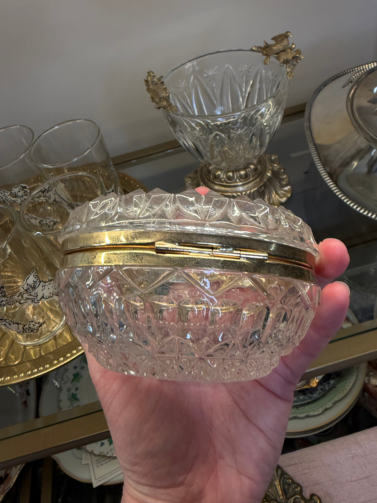 Lovely cut lead crystal bird trinket box with brass!