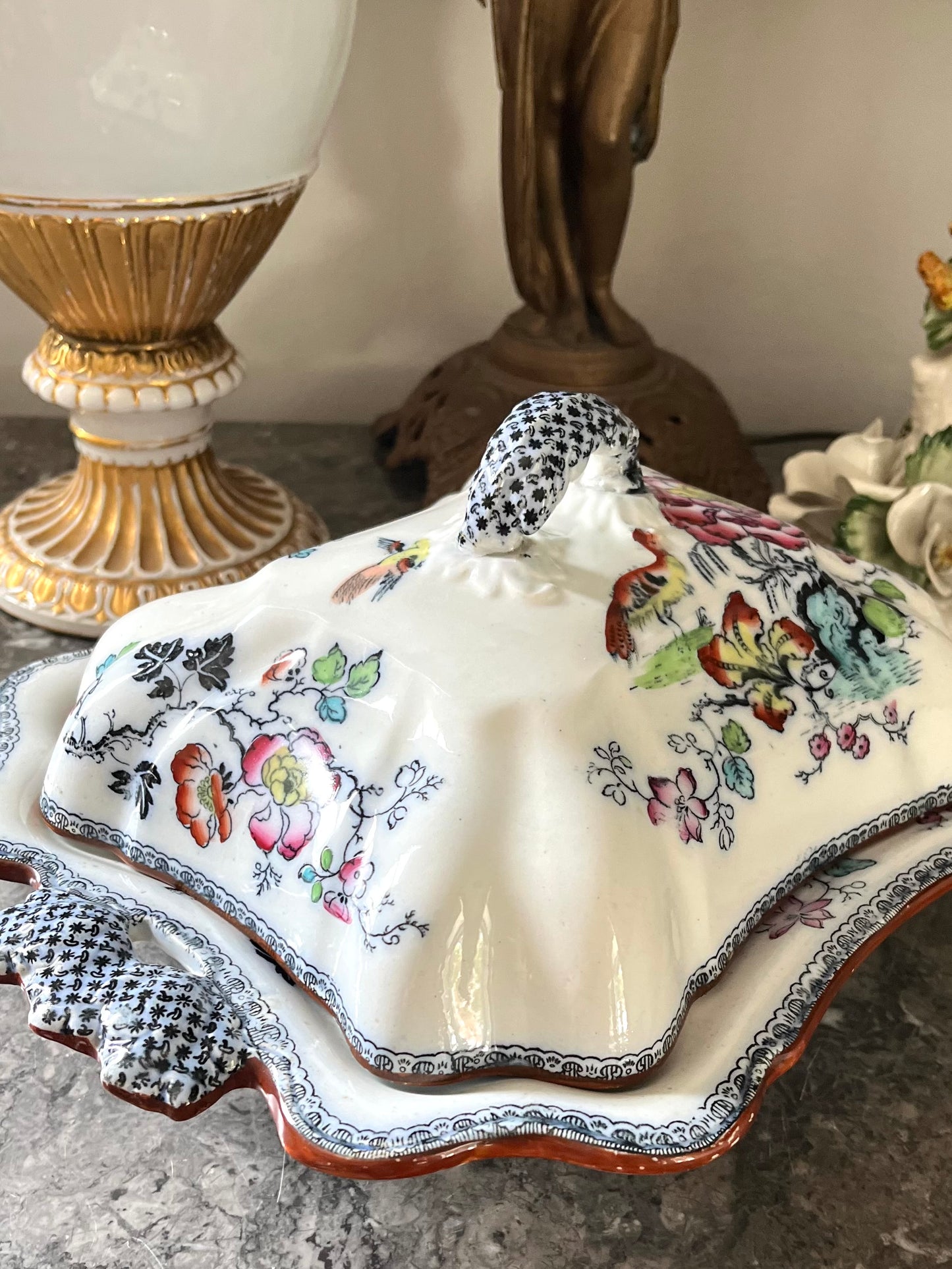 Live 07/28 Stunning Early Ashworth Bros Lidded Vegetable Dish - Footed With Florals/Birds/Contrasting Handles And Trim - Original Ribbon Mark 1860’s