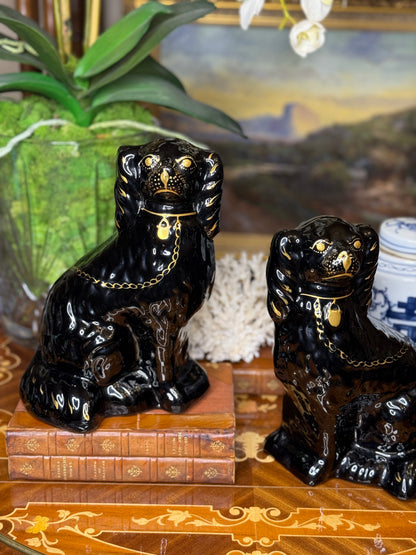 Antique 10” Tall English Black Staffordshire Mantle Dogs (c. 1890–1910) – Pair with Gilt Chain