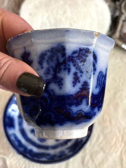 Early Victorian John Maddock Hindustan Flow Blue Tea Bowl & Saucer | 19th Century