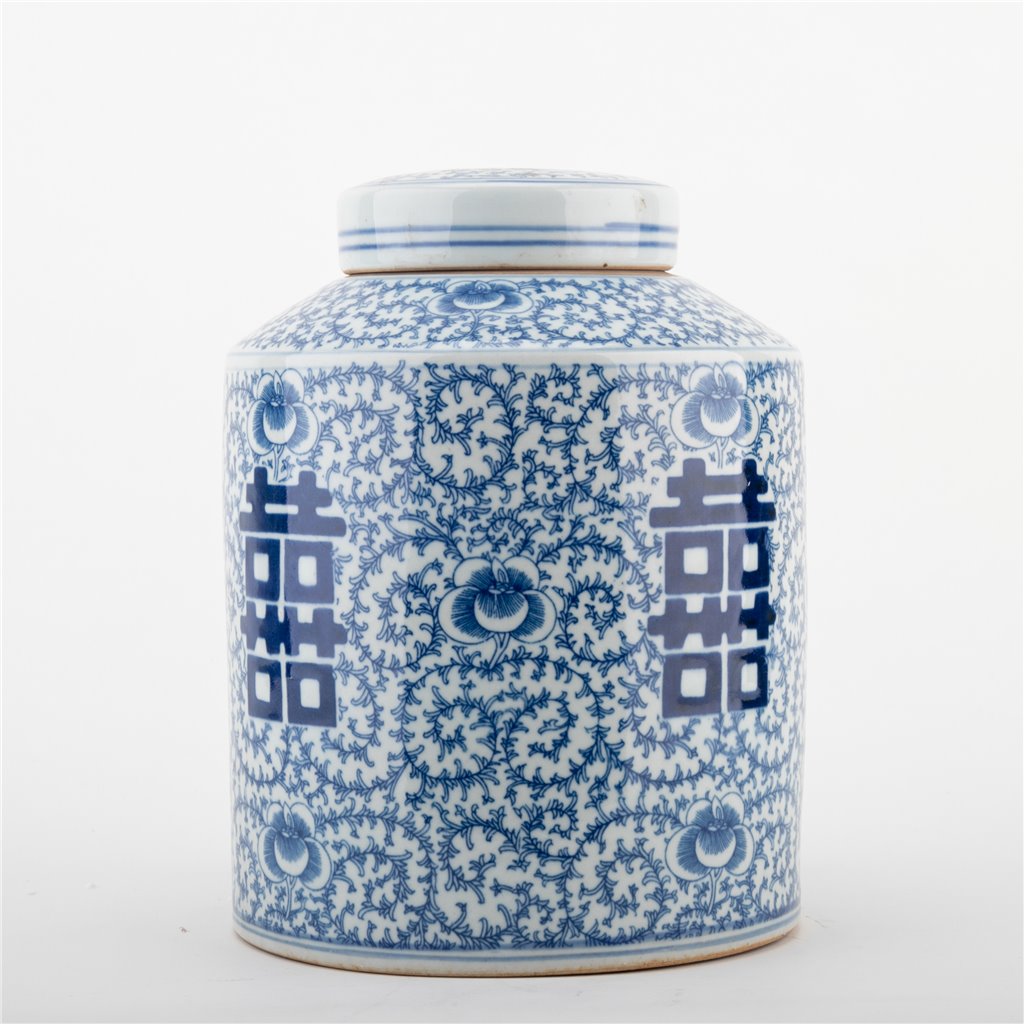 NEW - Blue & White Double Happiness Tea Jar, 11" Tall - Pristine!