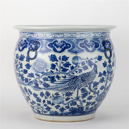 Danny's Fine Porcelain | XL Blue & White Bird Round Porcelain Planter |19.5"L × 19.5"W × 17.5"H #51142