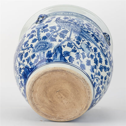 Danny's Fine Porcelain | XL Blue & White Bird Round Porcelain Planter |19.5"L × 19.5"W × 17.5"H #51142