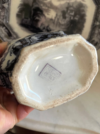 Reserved Live 03/24 Romantic “Athens” Mulberry Transferware Gravy Boat by Charles Meigh – Early Victorian Stoke-on-Trent c.1840s Classical Ruins