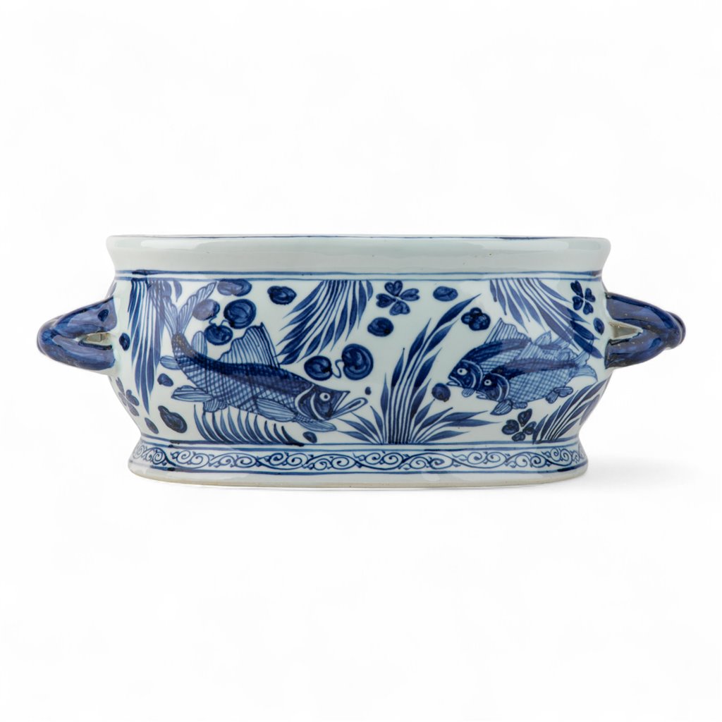 Danny's Fine Porcelain: Blue & White Porcelain Oval Footbath – Twin Handles | Fish & Water Garden Motif | 17.75”
