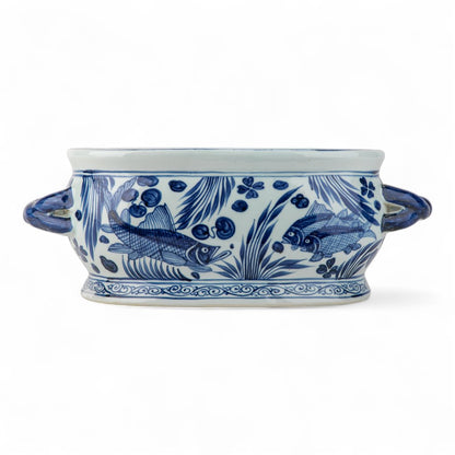 Danny's Fine Porcelain: Blue & White Porcelain Oval Footbath – Twin Handles | Fish & Water Garden Motif | 17.75”