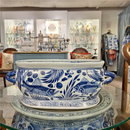 Danny's Fine Porcelain: Blue & White Porcelain Oval Footbath – Twin Handles | Fish & Water Garden Motif | 17.75”