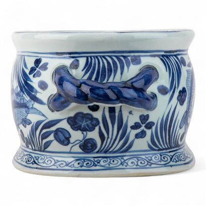 Danny's Fine Porcelain: Blue & White Porcelain Oval Footbath – Twin Handles | Fish & Water Garden Motif | 17.75”