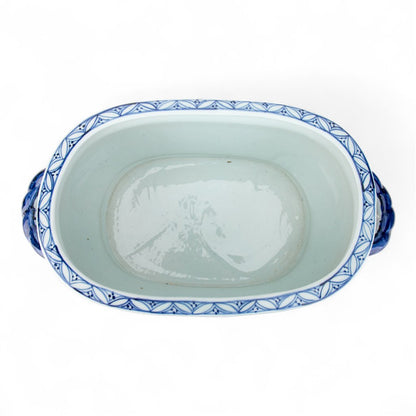 Danny's Fine Porcelain: Blue & White Porcelain Oval Footbath – Twin Handles | Fish & Water Garden Motif | 17.75”