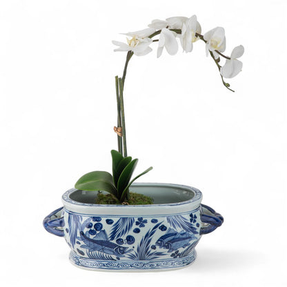 Danny's Fine Porcelain: Blue & White Porcelain Oval Footbath – Twin Handles | Fish & Water Garden Motif | 17.75”