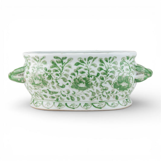 Danny's Fine Porcelain: 17.75Lx 8.75Wx 6.75H - Oval Centerpiece Basin - Green Scene