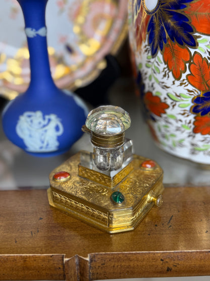 Antique Gilt Bronze & Crystal Inkwell | Jeweled Desk Inkstand | 3” Base