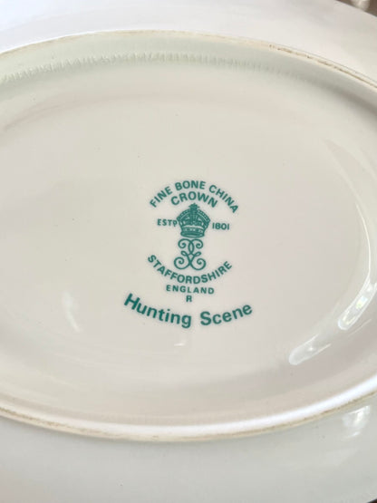 Live 08/04 Vintage Crown Staffordshire “Hunting Scene” Fine Bone China Gravy Boat with Underplate | England | Circa 1970s–1990s