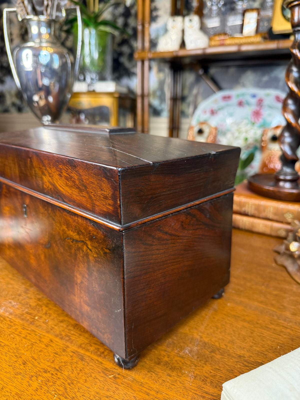 Antique Victorian Mahogany Smoking Compendium with Cut Crystal Tobacco Jar & Fitted Interior, c. 1890–1910 – 12”W