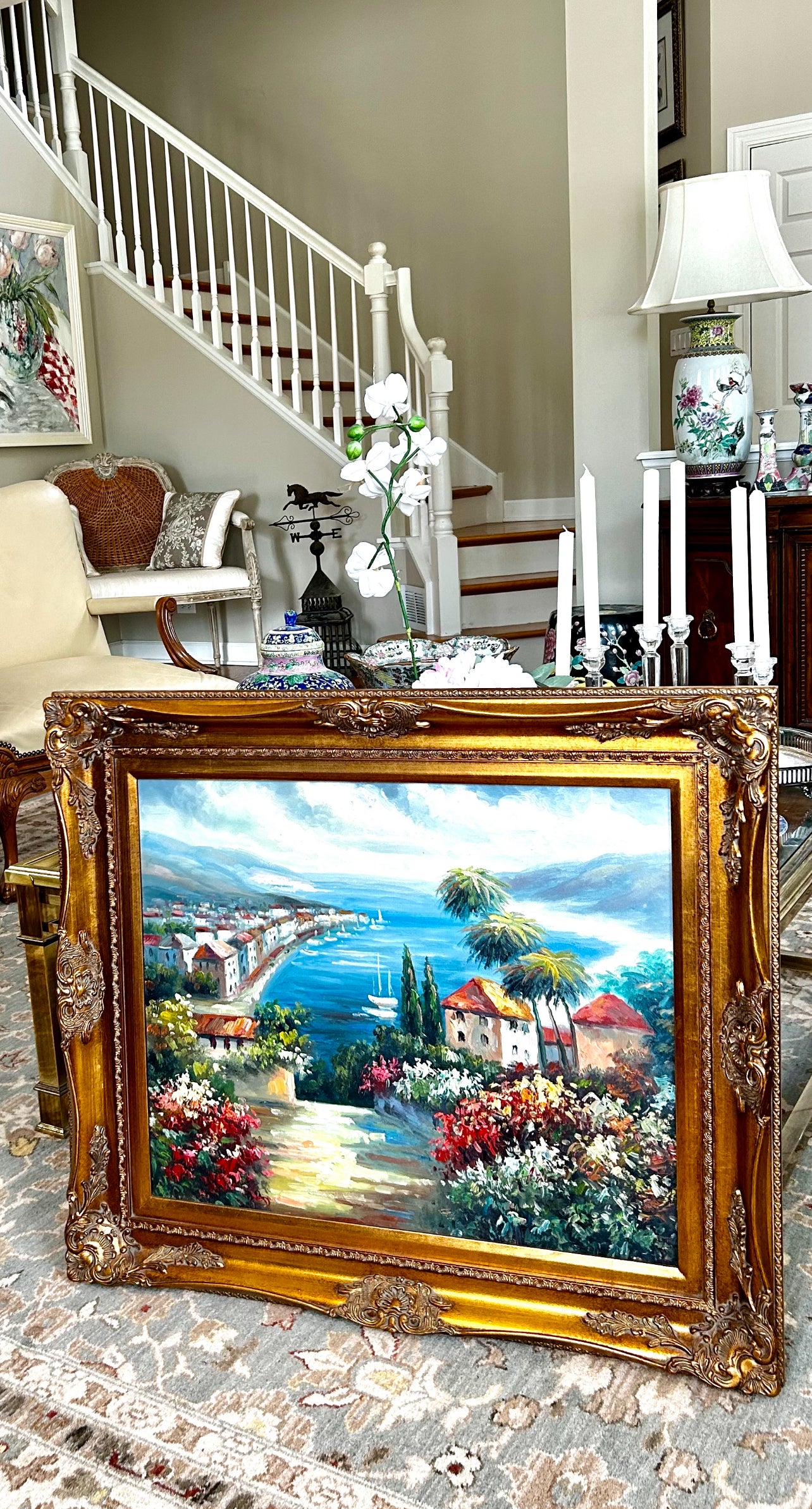 Inviting waterfront landscape massive baroque frame  31 x 28 signed oil painting art