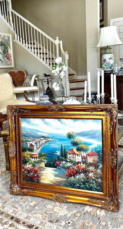 Inviting waterfront landscape massive baroque frame  31 x 28 signed oil painting art