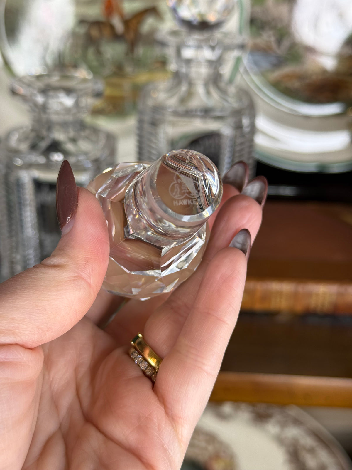 Antique T.G. Hawkes Cut Crystal Brandy & Whiskey Decanters, Pair with JBB Monogram & Faceted Stoppers, c.1900–1920, 8.5” H x 3” W | Pair