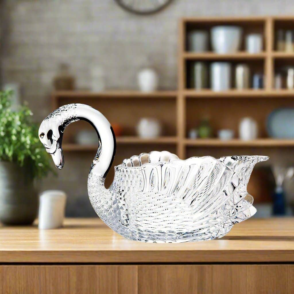 Crystal Swan Serving Bowl in Clear Unleaded Crystal – 12” Elegant Centerpiece Bowl