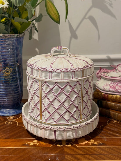 Antique 1880’s COPELAND Raspberry & Gold Lattice Covered Cake Dome on Stand, 11” Diameter, 10” Tall, D1322