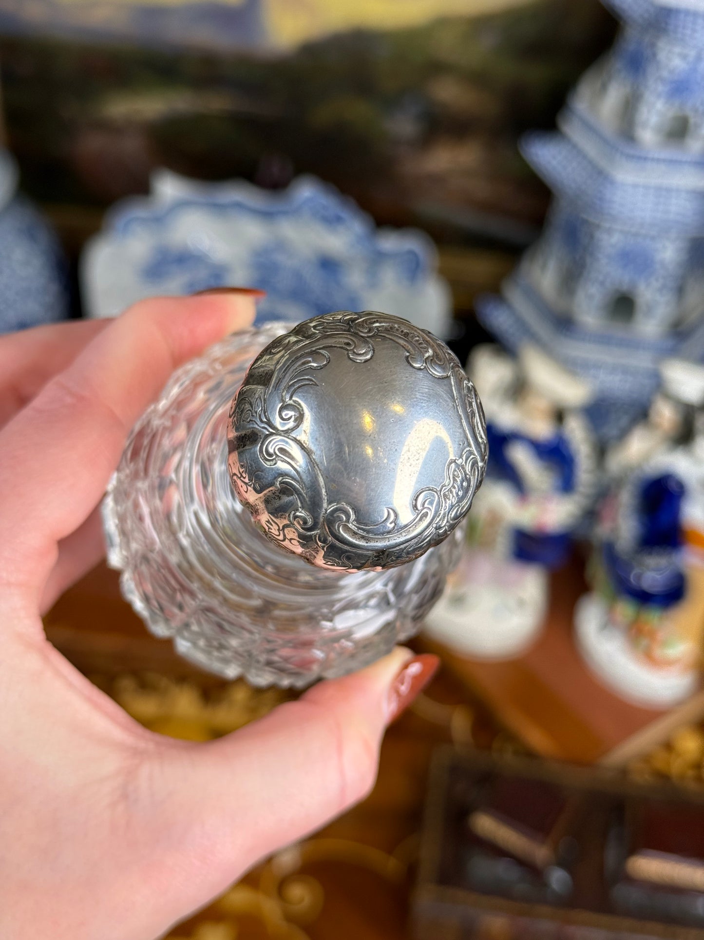Victorian Cut Crystal Perfume Bottle with Sterling Silver Repoussé Lid – 4.5″