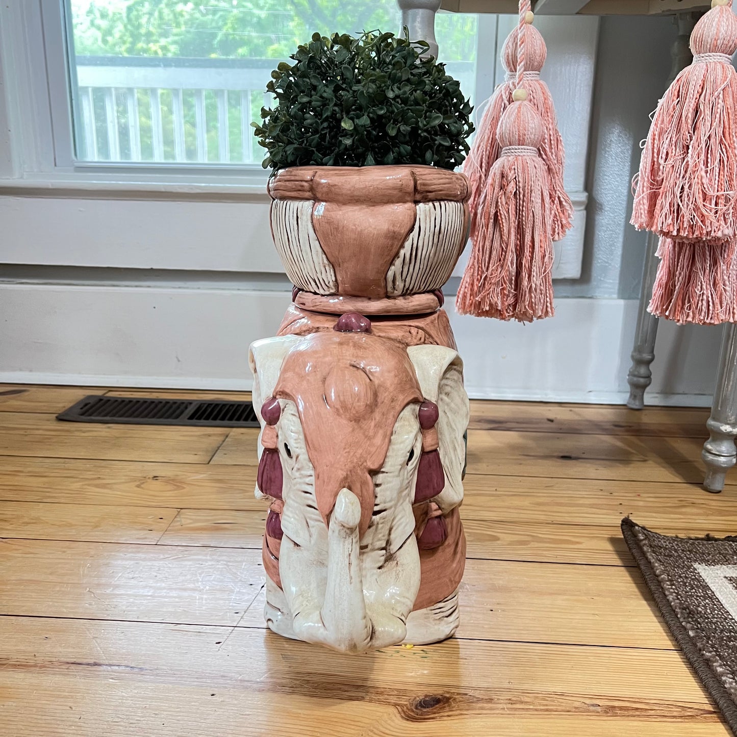 Gorgeous Pink Elephant Plant Stand Hand Painted and Signed 15”H
