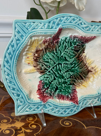 Antique French Majolica Fern & Leaf Serving Platter | Turquoise Basketweave Border | Victorian Faience | DA4528