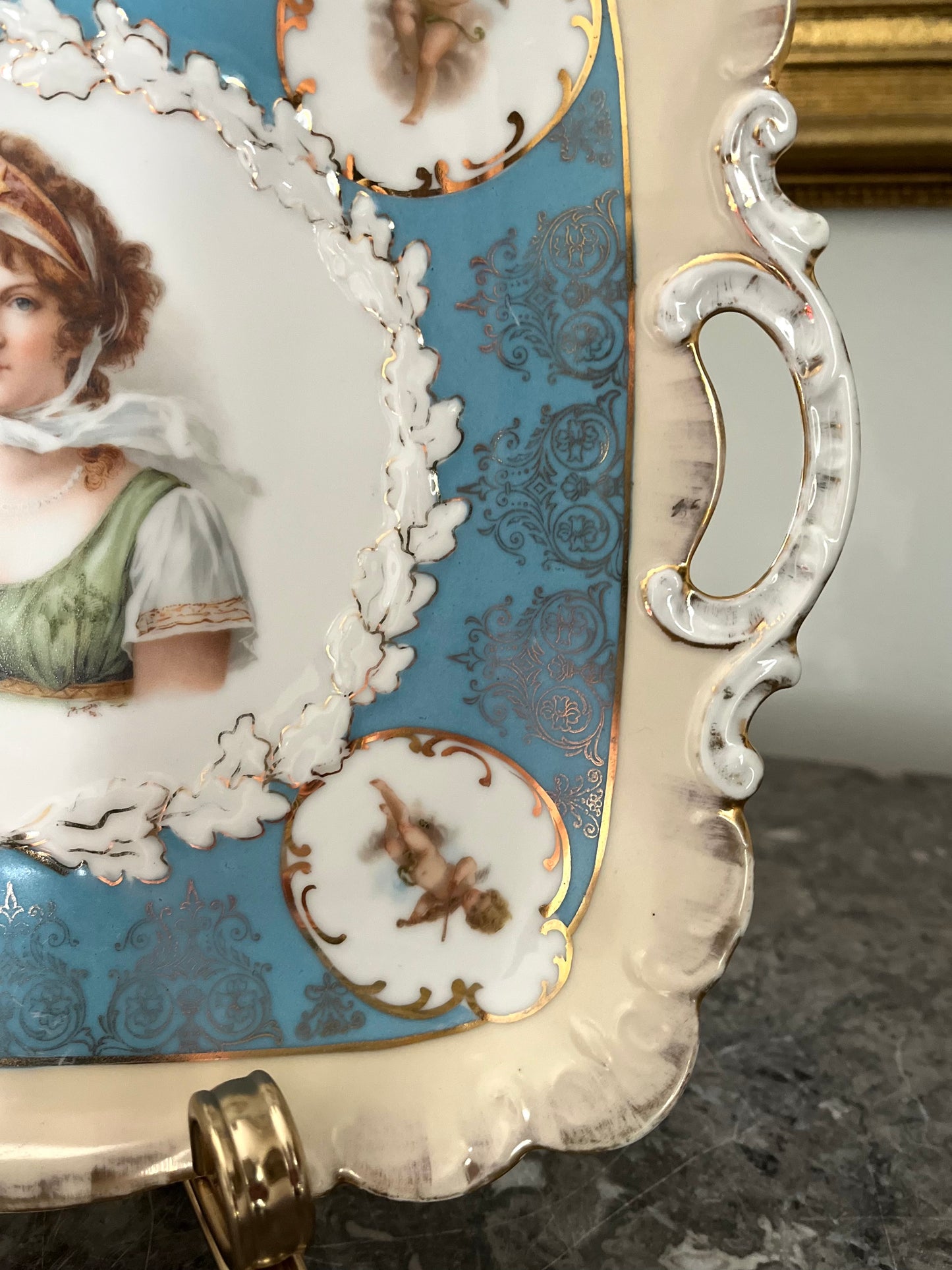 Live 06/29 Antique German Portrait Tray — Queen Louise of Prussia, Celeste Blue & Gilt, Royal Vienna Style c. 1900 - Cherub Reserves