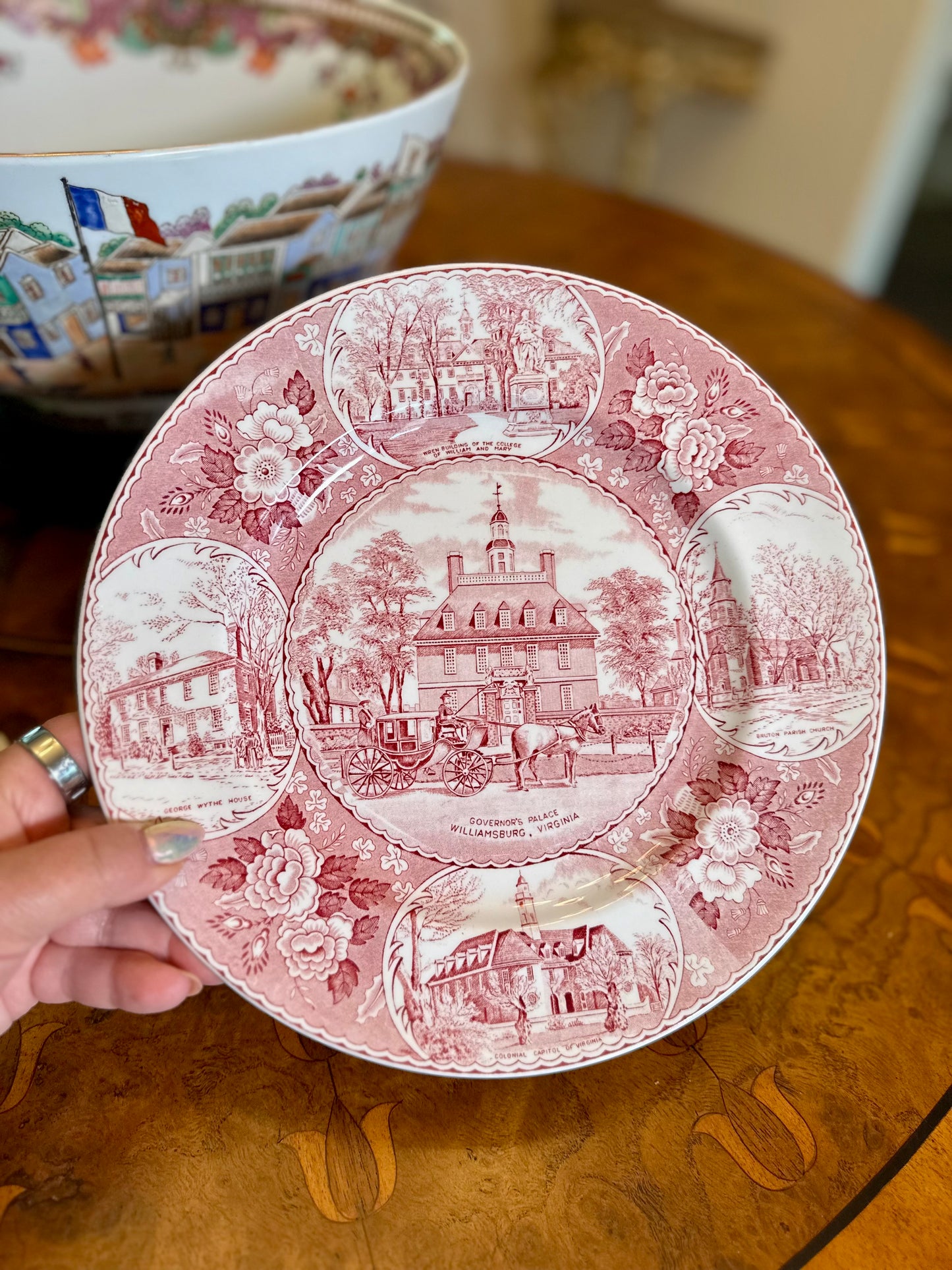 Vintage Old English Staffordshire Ware Red Transferware Historic Plates, Virginia Landmarks