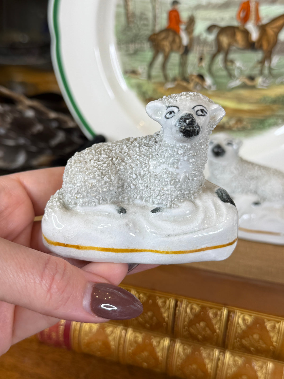 Antique Staffordshire Pair of Black-Faced Sheep Figures, White Glazed Pottery with Gilt Line, English, c.1860–1880, 3” W x 2.5” H | #DA4424