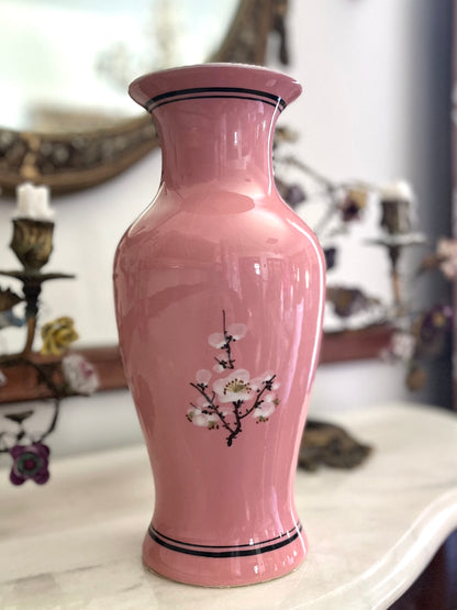 Gorgeous Pink Chinoiserie Hand Painted Enamel Birds And Blossoms Vase - Chinese Export