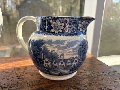 Vintage Wood & Sons “Woodland” blue and white transferware pottery pitcher!